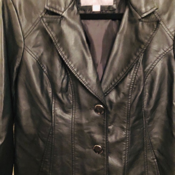 BLACK VEGAN LEATHER JACKET LINED BUTTON UP M FAUX LEATHER - Picture 2 of 8